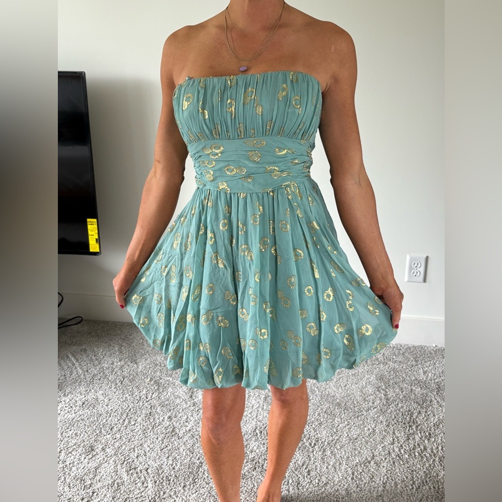 BCBGMaxAzria Strapless Teal Dress with Gold Floral Pattern